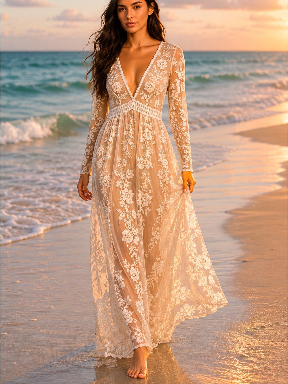 🌸Boho Chic Free People Maxi Lace Sheer Dress Fairy Babydoll Cottagecore Size M